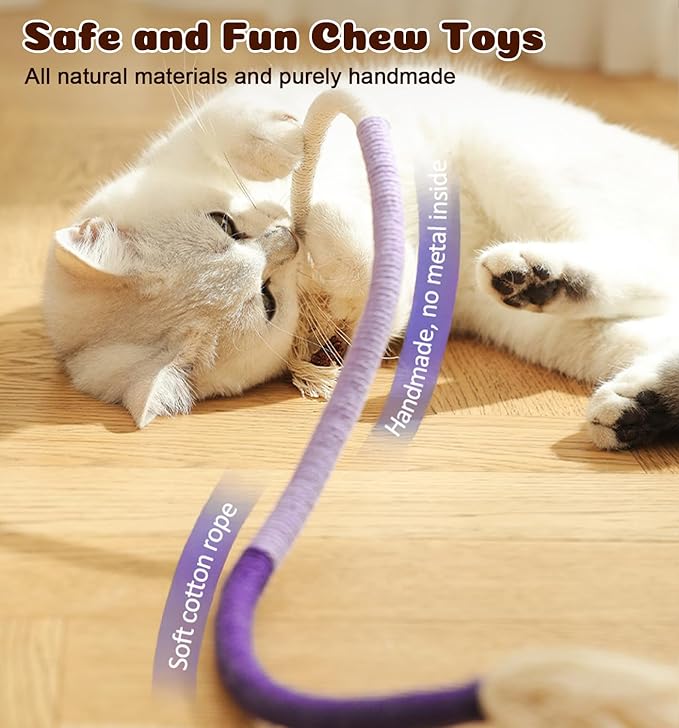 Cat Chew Ropes 4Pcs, Cat Toys for Indoor Cats with Refillable Natural Catnip, Safe Teeth Cleaning Chew Toys, Interactive Kitten Nip Toys and All Breeds (19.5 Inches)