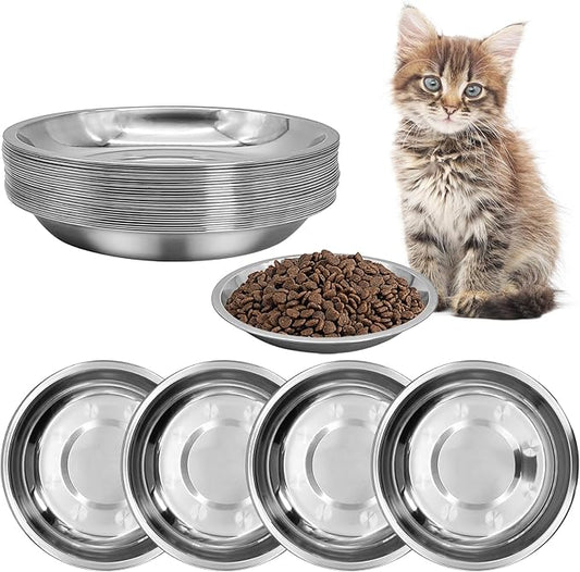 kathson Shallow Stainless Steel Cat Bowls 24 Pcs Whisker Fatigue Cat Dishes Flat Dog Feeding Saucers Pet Food and Water Plate Set for Kitten Puppy and Other Small Animals (7.00 Inch Dia)