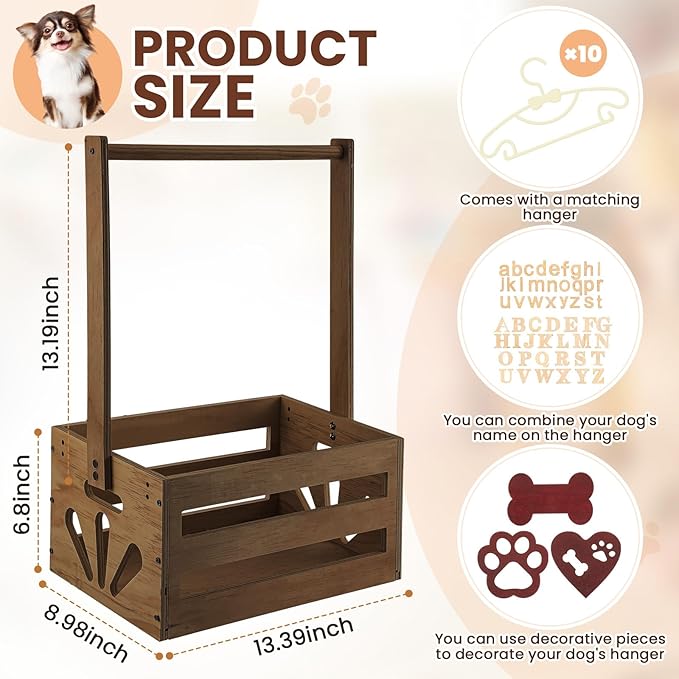 20 x 13 x 9 Wooden Dog Closet Pet Wardrobe Crate Box with Hanging Rods and Personalized Alphabet Letters Easy Assembly Baskets for Dog Cat Toys Clothes Accessories(Dark Walnut)