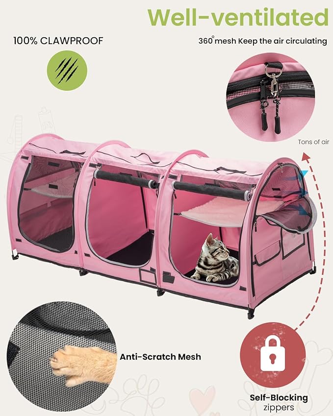 Portable Three Compartment Show House Cat Cage Condo - Easy to Fold & Carry Kennel - Comfy Puppy Home & Dog Travel Crate with Portable Carry Bag,2 Hammocks,3 Mats and Collapsible Litter Boxs