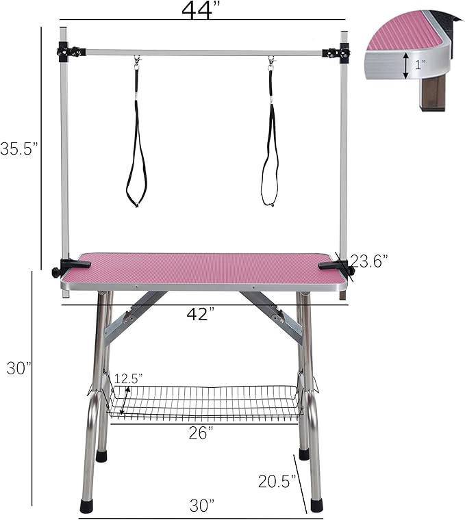 Pet Grooming Table, 42" Adjustable Height Dog Grooming Table with H-Type Arm & Stainless Steel Legs, Non-Slip E1 Grade Top, Tool-Free Folding, Portable for Professional & Home Use (Pink, 42inch)