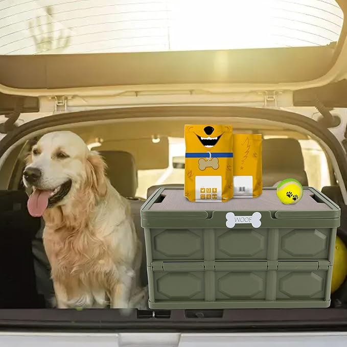 Outdoor Dog Toy Bin wtih Handles,Collapsible Dog Stuff Organizer Portable,Pet Storage Basket with Wood Cover for Dog Toys/Snack/Camping Essentials,Ideal for Car Trunk,RV Trip,Picnic-Green