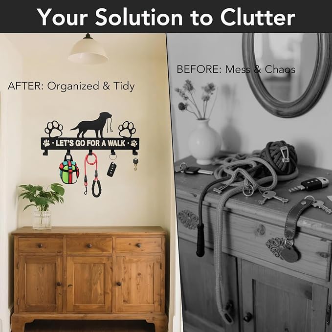 11 Inch 5-Hooks Heavy Duty Metal Dog Leash Holder for Wall - 1.5mm Thick, Rust Resistant with 4 Screws - Decorative Organizer for Collars, Leashes, Keys & Harnesses