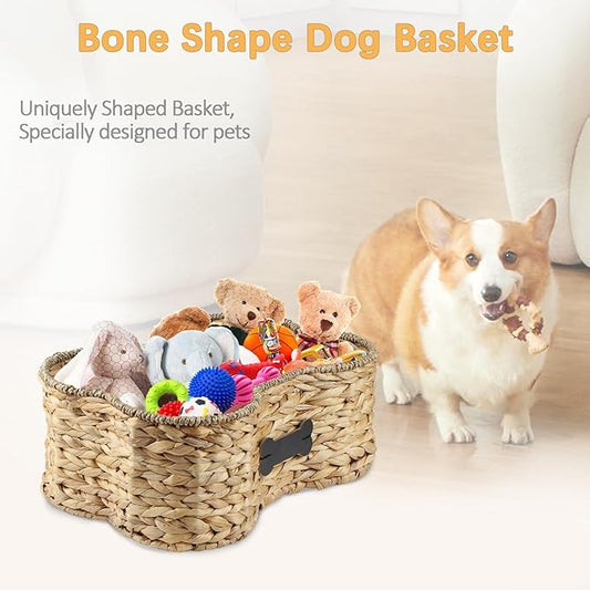 Pet Dog Toy Basket - Bone Shape Storage Bin, Personalized Organizer for Cat Toys, Wicker Holder Box for Living Room, Handmade Water Hyacinth