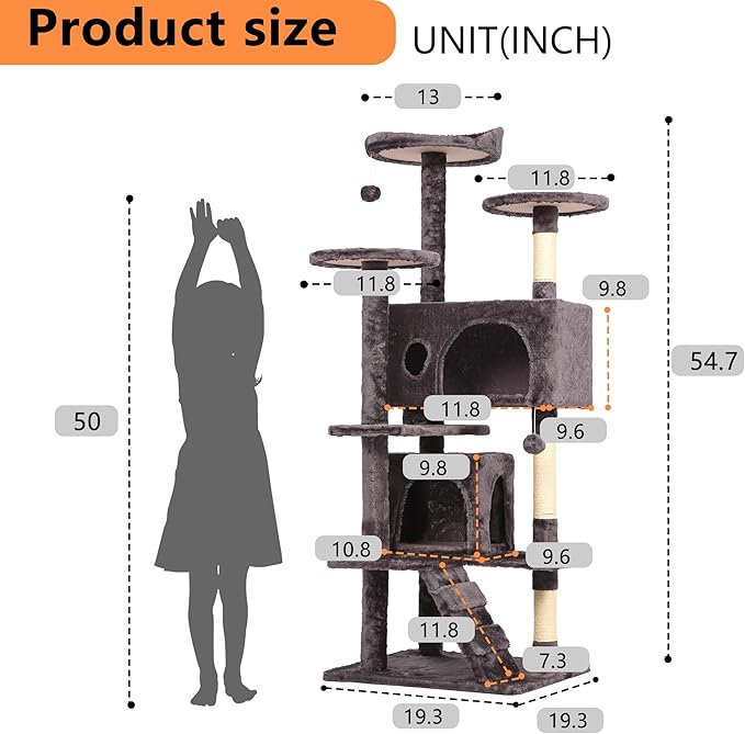 BestPet | 54" Cat Tree Tower | Purple Gray | Sturdy, Easy to Assemble, Multi-Level Activity Center with Sisal Scratching Posts, Condos, Perches, Hanging Cat Toys, Observation Decks & Ladder