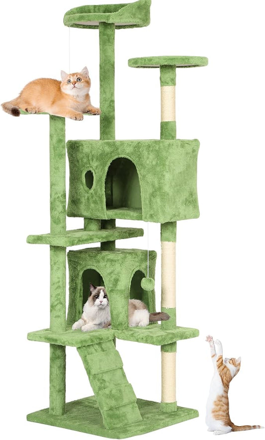 BestPet | 70" Cat Tree Tower | Green | Sturdy, Easy to Assemble, Multi-Level Activity Center with Sisal Scratching Posts, Condos, Perches, Hanging Cat Toys, Observation Decks & Ladder