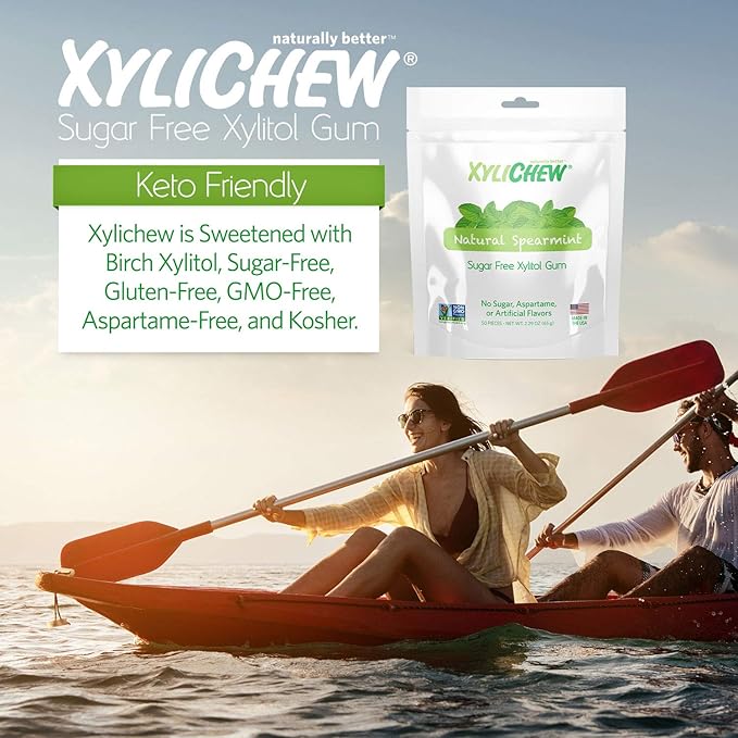Xylichew 100% Xylitol Chewing Gum - Non GMO, Non Aspartame, Gluten Free, and Sugar Free Gum - Natural Oral Care, Relieves Bad Breath and Dry Mouth - Spearmint, 50 Count