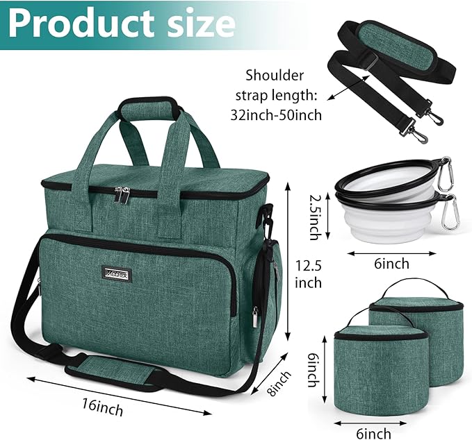 BAGLHER Dog Travel Bag, Airline Approved Pet Tote Organizer with Multi-Function Pockets, 2 X Food Storage Containers and 2 X Collapsible Bowls, Perfect Weekend Pet Travel Set for Dog, Cat Green