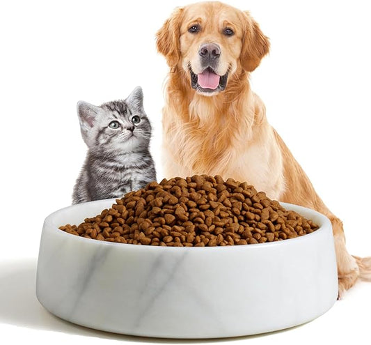 White Marble Dog Bowl, Non-Slip Non-Tipping Heavy Dog Food Bowl, Large Weighted Stone Dish, Natural Marble Pet Water Bowl, Easy to Clean, Perfect Gift for Cat & Dog Lovers, Holds 6 Cups(6 lbs)