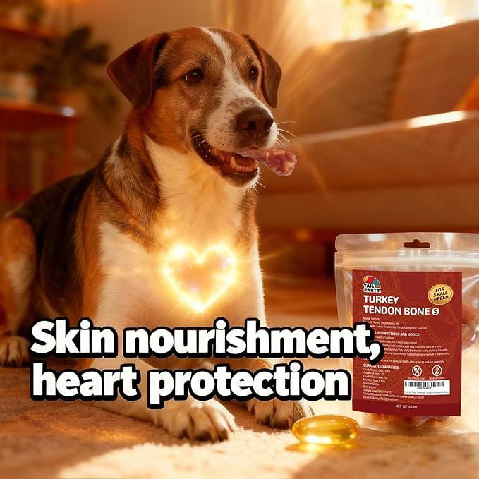 TailParty Turkey Tendons for Dogs with Fish Oil & Taurine: 8oz Small Dog Healthy Treats, All Natural Dental Chew Bones, Long-Lasting Training-Reward Snacks for Health-Conscious Pet Owners(S)
