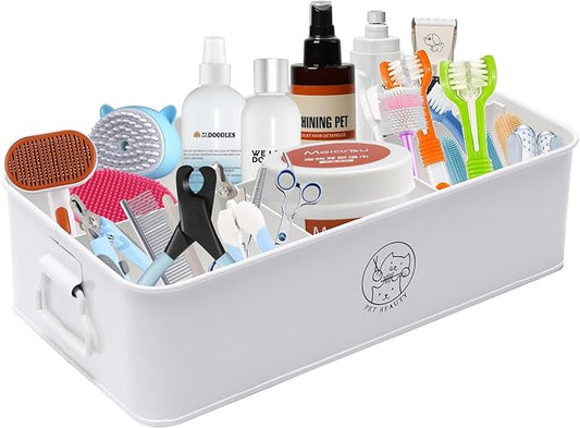 Premium 4-Compartment Dog Grooming Organizer,Metal Caddy for Pet Stuff with Handle-Powder Coated Storage Bin for Dog Cat Grooming Kit,Clippers,Brushes,Scissors & Supplies-White