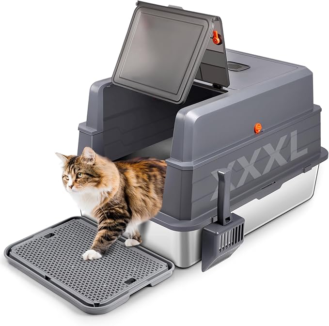 XXXL Stainless Steel Litter Box with Lid, Extra Large 28" L x 20" W x 17" H Enclosed Metal Cat Litter Box with Litter Scoop & Foot Pedal, Odor Control for Big Cats, Multiple Cats (Dark Grey)