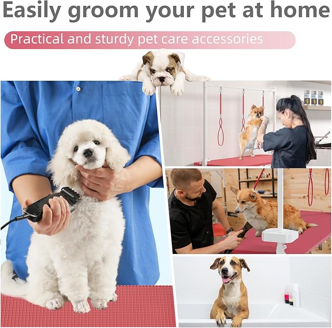 VFK 47" Adjustable Dog Grooming Table with Storage Box & Metal Basket Manual Height-Adjustable Pink Pet Grooming Table for Dogs at Home Use, Waterproof Scratch-Resistant Surface, X-Frame Design