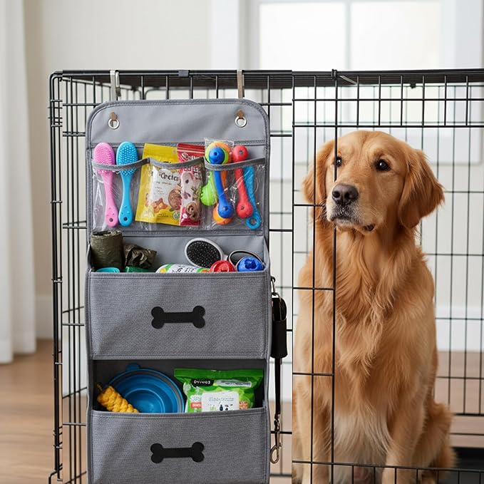 4-Shelf Dog Storage Organizer for Dog Toys,Over Door Basket for Pet Stuff with 2 Metal Hooks,4 Large Pockets for Dogs Leash,Harness,Toys,Treats-with DIY Tag-48''(Height)-Grey ﻿