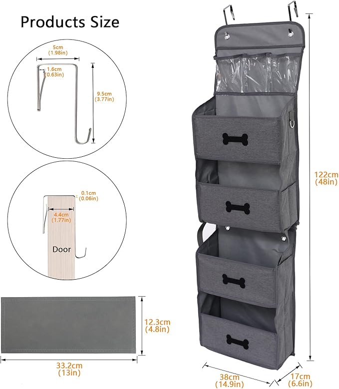 4-Shelf Dog Storage Organizer for Dog Toys,Over Door Basket for Pet Stuff with 2 Metal Hooks,4 Large Pockets for Dogs Leash,Harness,Toys,Treats-with DIY Tag-48''(Height)-Grey ﻿
