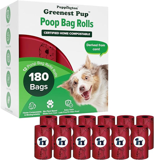 Puppington Certified Home Compostable Poop Bags - ASTM D6400 Compliant - 180 Extra Thick Bags - Plant Based - Pairs with Puppington 3-in-1 Bag & Fits all Standard Poop Bag Dispensers (Ruby Red)
