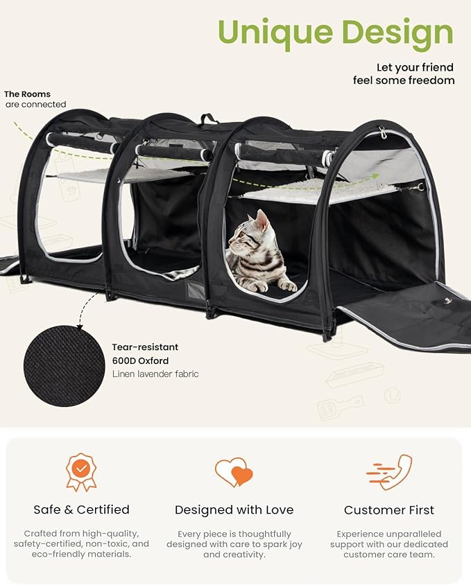 Portable Three Compartment Show House Cat Cage Condo - Easy to Fold & Carry Kennel - Comfy Puppy Home & Dog Travel Crate with Portable Carry Bag,2 Hammocks,3 Mats and Collapsible Litter Boxs