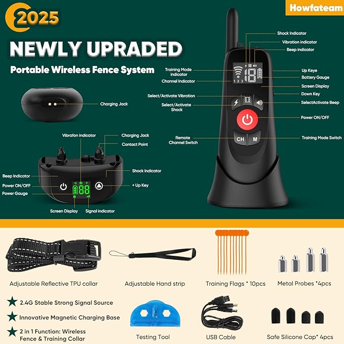 Wireless Dog Fence, Portable Electric Fence for Dogs with Remote Training Collar, Magnetic Charging Base, Outdoor Pet Containmen System for Yards, Adjustable for Medium Large Dogs (for 2 Dogs)