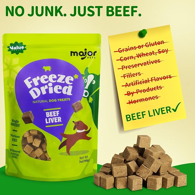MAJOR PETS Freeze Dried Beef Liver Dog Treats - Single Ingredient - No Preservatives & High Protein - Premium Training Treats & Meal Topper - Made and Sourced in The USA - 7 oz Value Pack