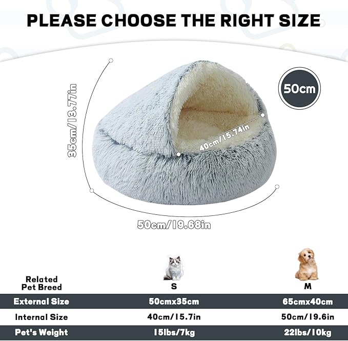 YUDANSI Calming Cat Beds for Indoor Cats - Plush Fluffy Hooded Cave Nest, Anti-Slip Self-Warming Pet Beds, Washable Built-in No-Collapsing Support (Grey-50cm/20in)