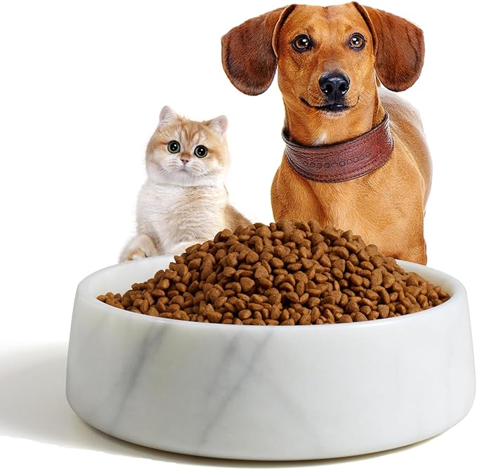 White Marble Dog Bowl, Non-Slip Dog Food Water Bowl, Small Weighted Stone Dish, Natural Marble Heavy Pet Bowl, Easy to Clean, Gifts for Cat Lovers, Perfect Cat Dog Gifts, Holds 4 Cups(5 lbs)