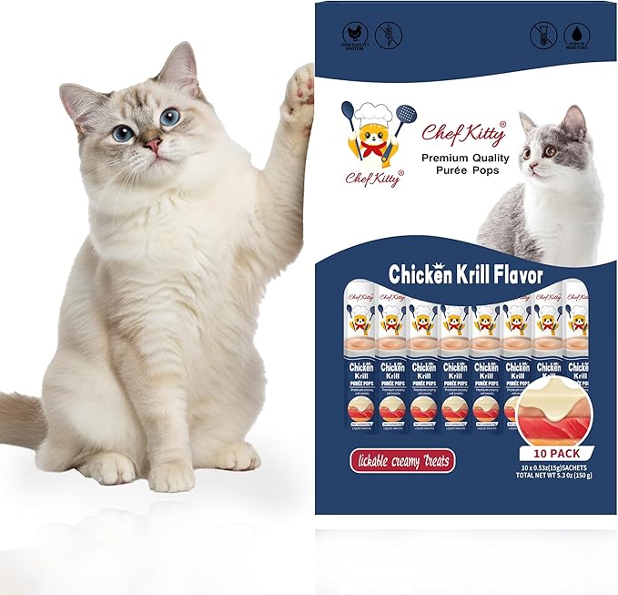 Purée Pops, Cat Treats, Grain-Free, Lickable, Squeezable Creamy Cat Treat/Topper with Vitamin E & Taurine, 0.5 Ounces Each Tube, 10 Tubes, Chicken with Krill Recipe