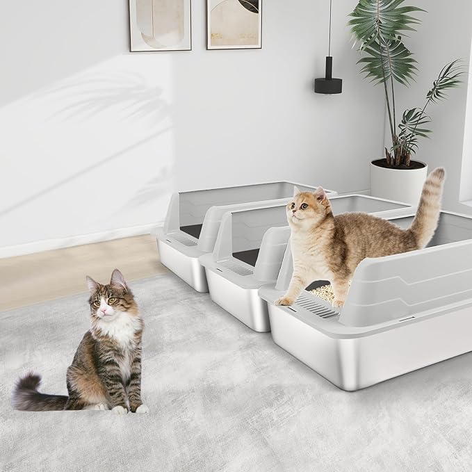 3 Pack Stainless Steel Litter Box, XL 22.9” x 15” x 10.3” High Sided Metal Cat Litter Tray with Scoop, Cat Litter Box for Anti-Splash, Non-Sticky, Easy to Clean (Light Grey)