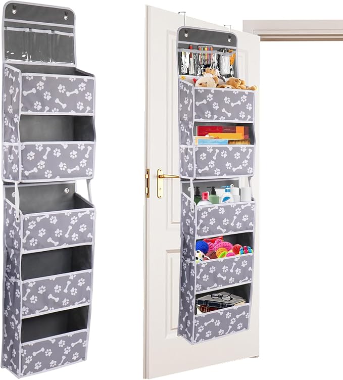 Dog Toy Basket,5-Shelf Hanging Organizer for Dog Toys,Over Door Basket for Dogs with 2 Metal Hooks,5 Pockets Organizer for Dog Leash Harness Toys Treats-62.5''(Height)-Bone Claw Print