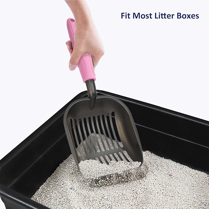 WePet Cat Litter Scoop, Non-Stick Plated Aluminum Alloy Sifter, Kitty Durable Metal Scooper, Deep Shovel, Long Handle, Kitten Pooper Lifter, Size Large, Coated Black Body with Pink Handle