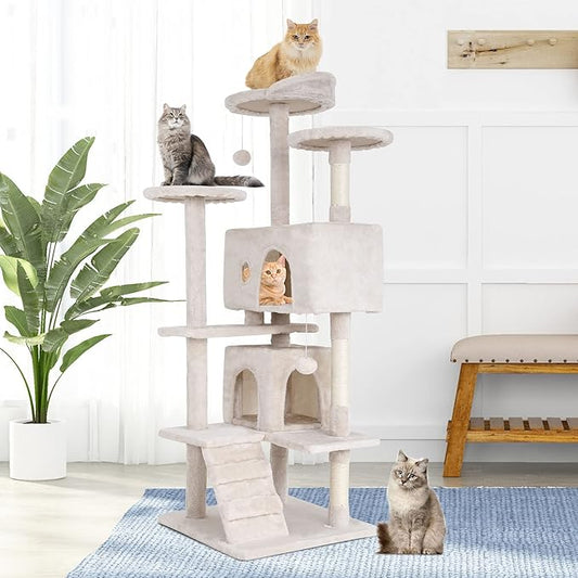 BestPet | 54" Cat Tree Tower | Beige | Sturdy, Easy to Assemble, Multi-Level Activity Center with Sisal Scratching Posts, Condos, Perches, Hanging Cat Toys, Observation Decks & Ladder