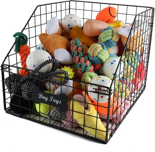 Geyecete dog toy basket Pet wire folding dog toy bin Trapezoid dog toy box Dog Toys Storage Toy box for dogs Chew-Proof Dog Food Toy Storage Container