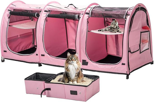 Portable Three Compartment Show House Cat Cage Condo - Easy to Fold & Carry Kennel - Comfy Puppy Home & Dog Travel Crate with Portable Carry Bag,2 Hammocks,3 Mats and Collapsible Litter Boxs