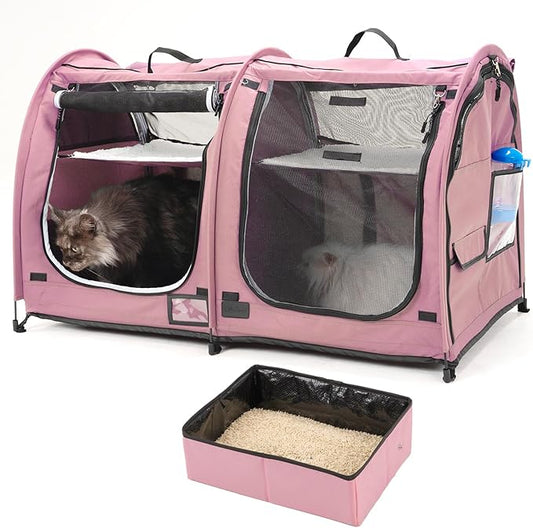 Portable Twin Compartment Show House Cat Cage Condo,Comfy Puppy Home Dog Travel Crate with Carry Bag/2 Hammocks/Mats & Collapsible Litter Box and Water Bottle