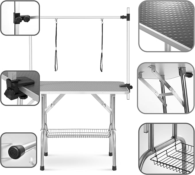 Pet Grooming Table, 42" Adjustable Height Dog Grooming Table with H-Type Arm & Stainless Steel Legs, Non-Slip E1 Grade Top, Tool-Free Folding, Portable for Professional & Home Use(Silver grey, 42inch)