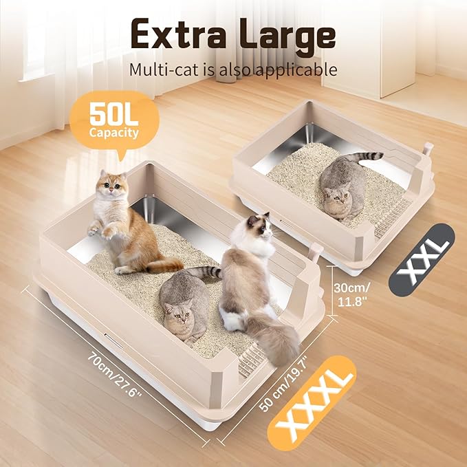 XXXL Stainless Steel Litter Box, 27.6" H x 19.7" W x 11.8" H Extra Large Metal High Sided Cat Litter Box with Scoop, Leak-Proof, Easy Clean for Big Cats/Multiple Cats (Khaki)