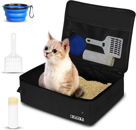 Petskd Portable Cat Travel Litter Box with Lid and 10 pcs Disposable Liner Bags, Leak-Proof and Collapsible, Cat Travel Essentials for Car, Hotel, Airplane and Other Outdoor Use(Black)