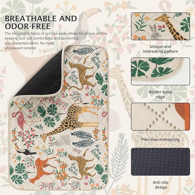 IEUUMLER Washable Pee Pads for Dogs, 2 Pack Forest Pattern Reusable Waterproof Puppy Pads, Non-Slip Super Absorbent Dog Training Pad for Playpen Crate Bed EU013 Beige Jungle, 24x18