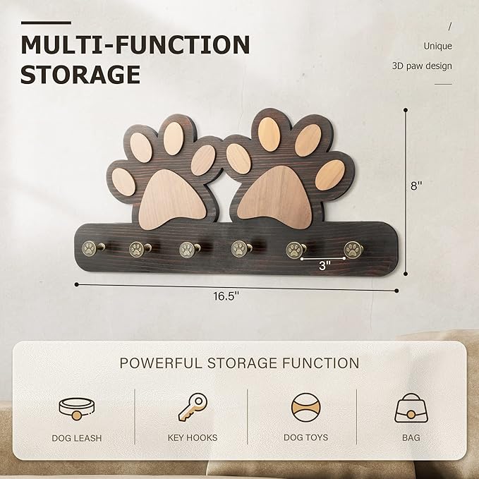 MTERSN Farmhouse Key Holder for Wall - Decorative Dog Leash Hanger Wall Mounted and Coat Rack with 6 Unique 3D Pet Claw Hooks - Dog Accessories Organizer for Rustic Home Decor (Dark Brown)