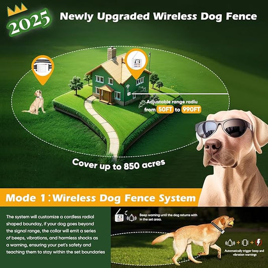 Wireless Dog Fence, Electric Fence for 2 Dogs & Training Collar with Big LCD Screen, Portable Pet Wireless Bounary with 2.4GPFC Antenna, Waterproof & Adjustable Dog Perimeter Collar (For 2 Dogs)