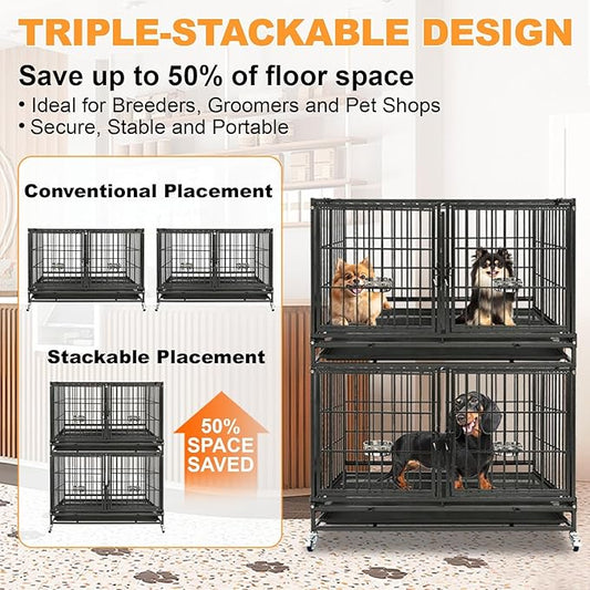 Homey Pet 43 inch Dog Crate Stackable Heavy Duty Dog Kennel Indoor Dog Grooming Cage with Detachable Divider, Removable Tray, Wheels, Feeding Bowls (2 Tiers)