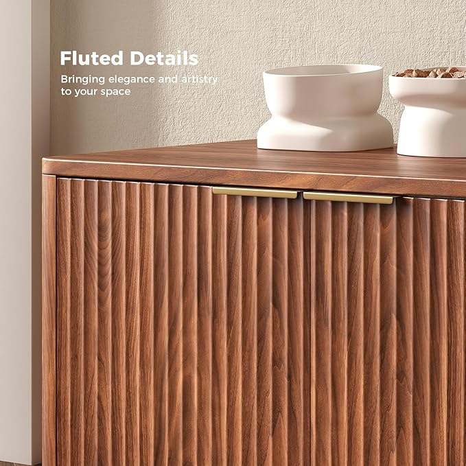 31.5" Walnut Cat Litter Box Enclosure Furniture, Large Decorative Hidden Litter Box Cabinet, Fluted Mid Century Modern Kitty End Table for Living Rooms, Bedrooms, Entryways