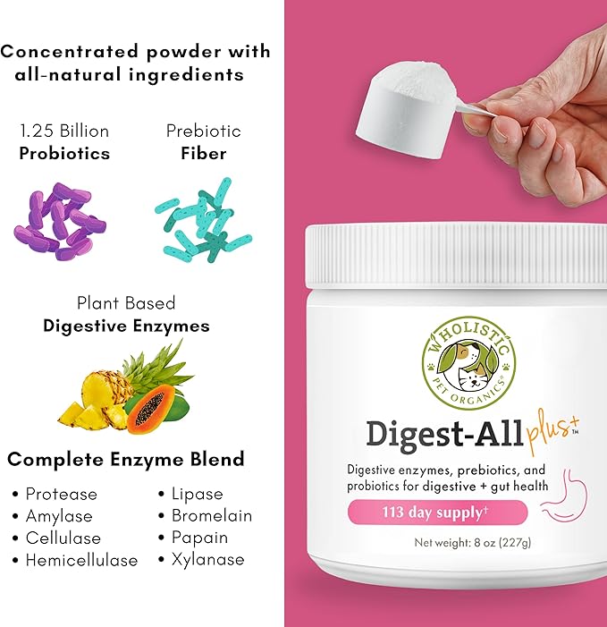 Wholistic Pet Organics Probiotics for Dogs with Digestive Enzymes & Prebiotic Fiber - 2 Oz - Daily Cat & Dog Probiotics for Digestive Health, Anti Diarrhea & Gut Support - Cat Probiotic - 57 Scoops