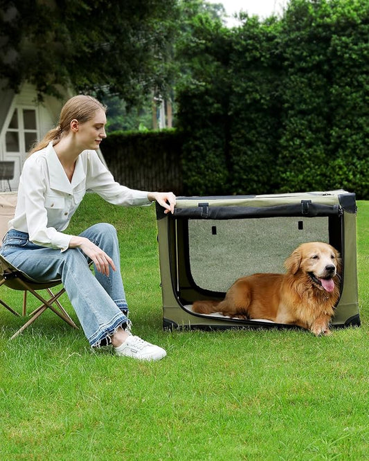 24 Inch Collapsible Travel Dog Crate for Medium Large Dogs, Portable Dog Crate 4-Door Foldable Soft Kennel with Durable Mesh Windows for Indoor & Outdoor Travel, with Storage Bag,Green