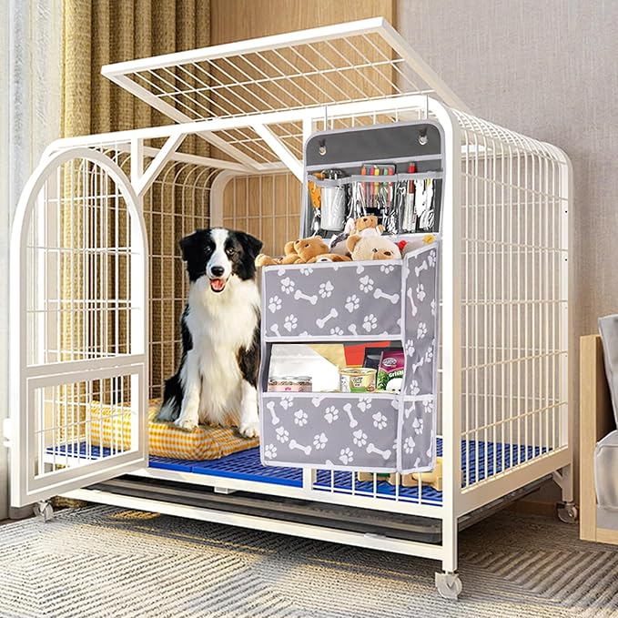 Dog Toy Basket,5-Shelf Hanging Organizer for Dog Toys,Over Door Basket for Dogs with 2 Metal Hooks,5 Pockets Organizer for Dog Leash Harness Toys Treats-62.5''(Height)-Bone Claw Print