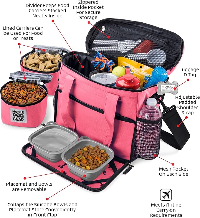 Mobile Dog Gear, Week Away Dog Travel Bag for Small Dogs, Includes Lined Food Carriers and 2 Collapsible Dog Bowl, Pink