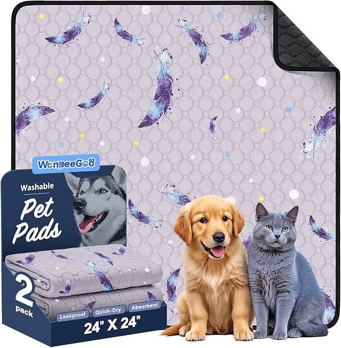 Washable Pee Pads for Dogs, 2Pack Reusable Puppy Pads, Super Absorbent & Leakproof Dog Pads, Anti-Slip Dog Pee Pads for Puppy Training & Incontinence, Feather Pattern 24"x24"