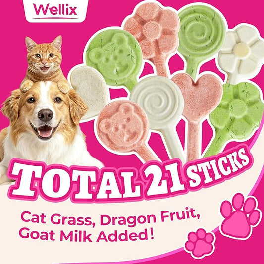 Wellix Freeze Dried Dog&Cat Treats - High Protein Chicken Recipe Lollipop Cat Treats - Three Flavors (Cat Grass, Dragon Fruit, Goat Milk) - Low Calorie Training Treats 21pcs