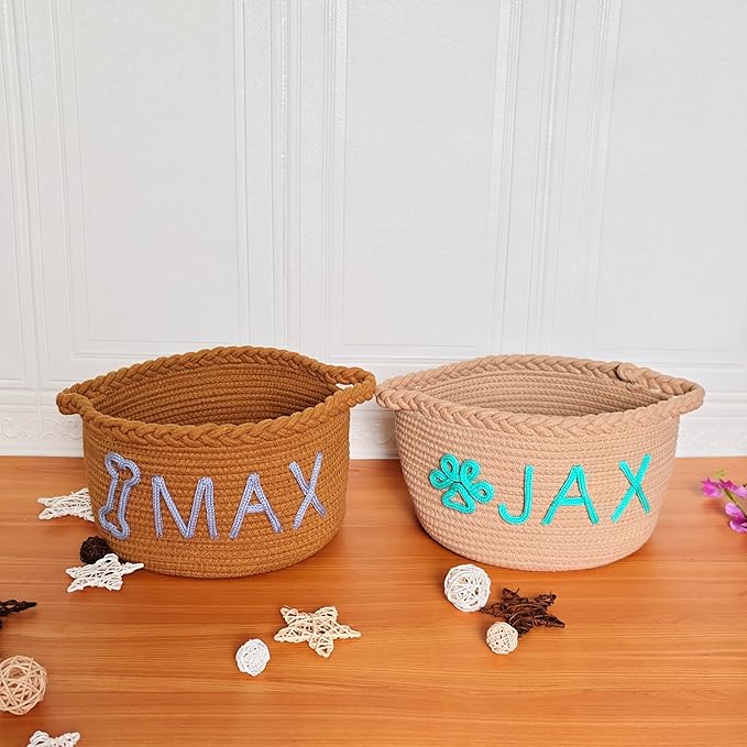 JUPPE Custom Pet Dog Toy or Food Storage Basket with Personalized Name, Dog Toys and Food Storage Box Pet Cat Organizer Bag Gift Cotton Rope Basket Gift (Custom Cat Basket)