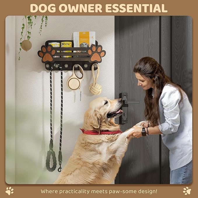 MTERSN Decorative Dog Leash Holder for Wall - Cute Dog Accessories Organizer with Floating Shelf & 6 Key Hooks – Key Holder Wall Mount for Cute Stuff and Farmhouse Decor (Dark Brown)