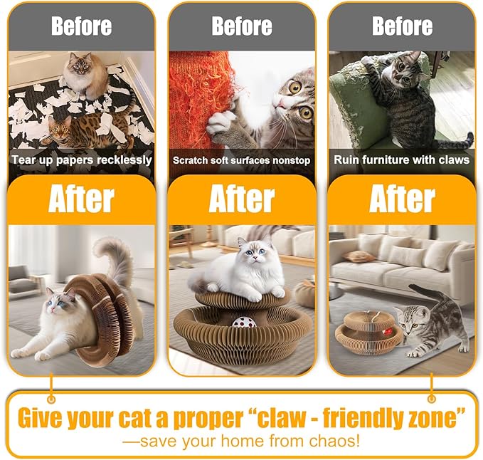 2 Pack Kitty Kurlz Cat Scratcher Board – Cat Scratching Toy with with Bell Balls, Interactive Cat Toy Scratch Pad for Claw Care and Furniture Protection